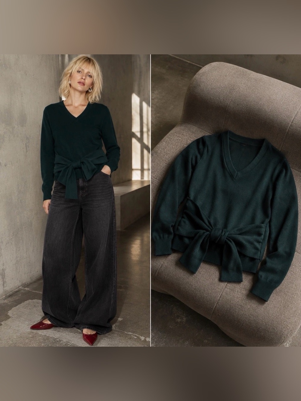 Jejia Italy Tie-Front Wool Blend Sweater Dark Green Size 42 (US 6–8) NWT